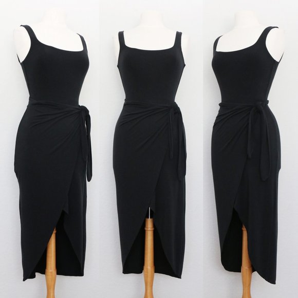 Aritzia Wilfred Saturn Midi Dress Black Square Neck Soft Stretchy Midi Wrap XS - Picture 5 of 12